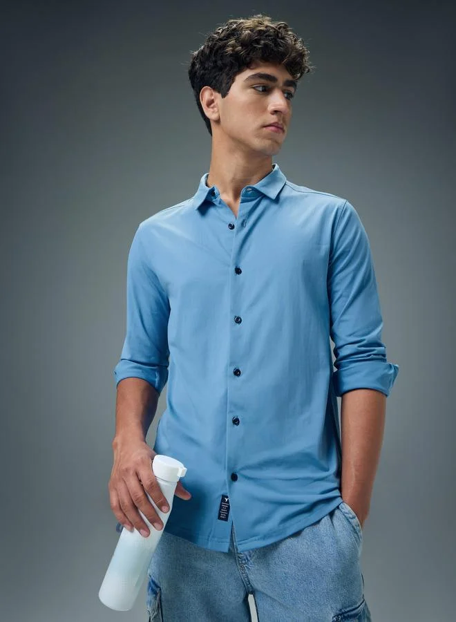 تكنوسبورت قميص كاجوال سادة بياقة مفرودة قصة ضيقة